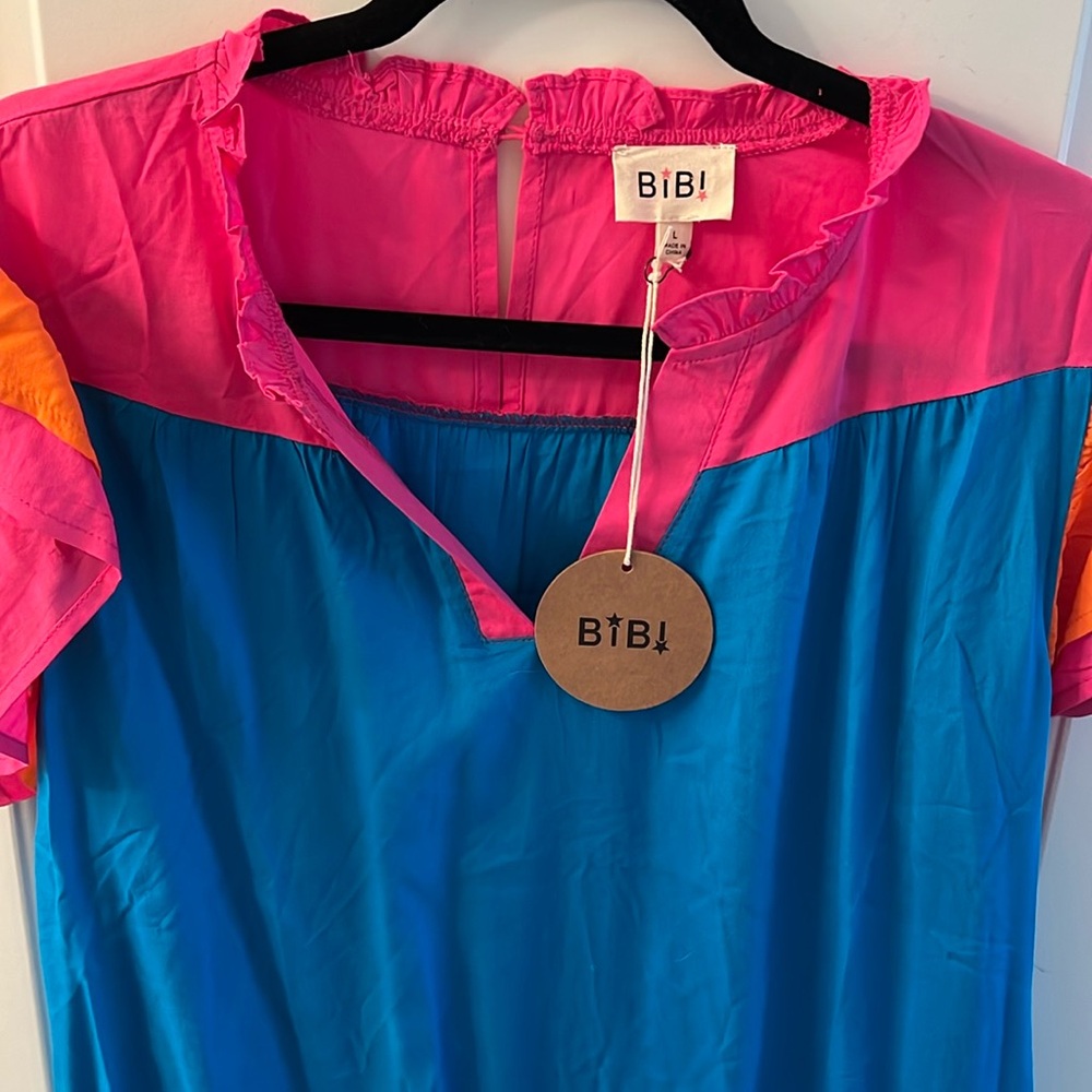 Bibi color block woven top with flutter sleeves